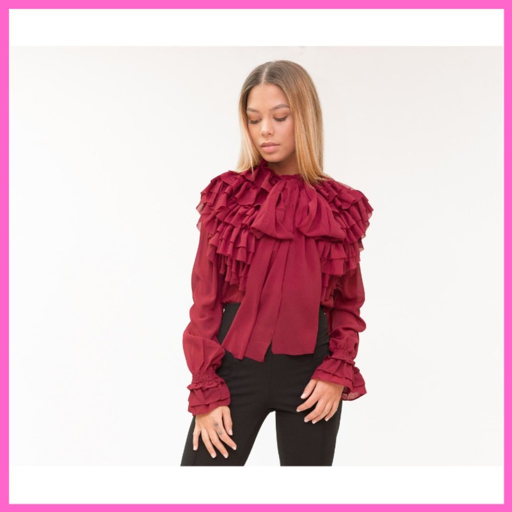 NWT Ruffled Long Sleeve Blouse w/ Bow Tie Burgundy
